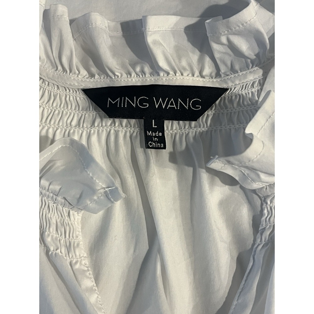 Ming Wang White Poplin Blouse Ruffle Neck Flutter Sleeve Minimalist Top Womens L - Picture 9 of 12